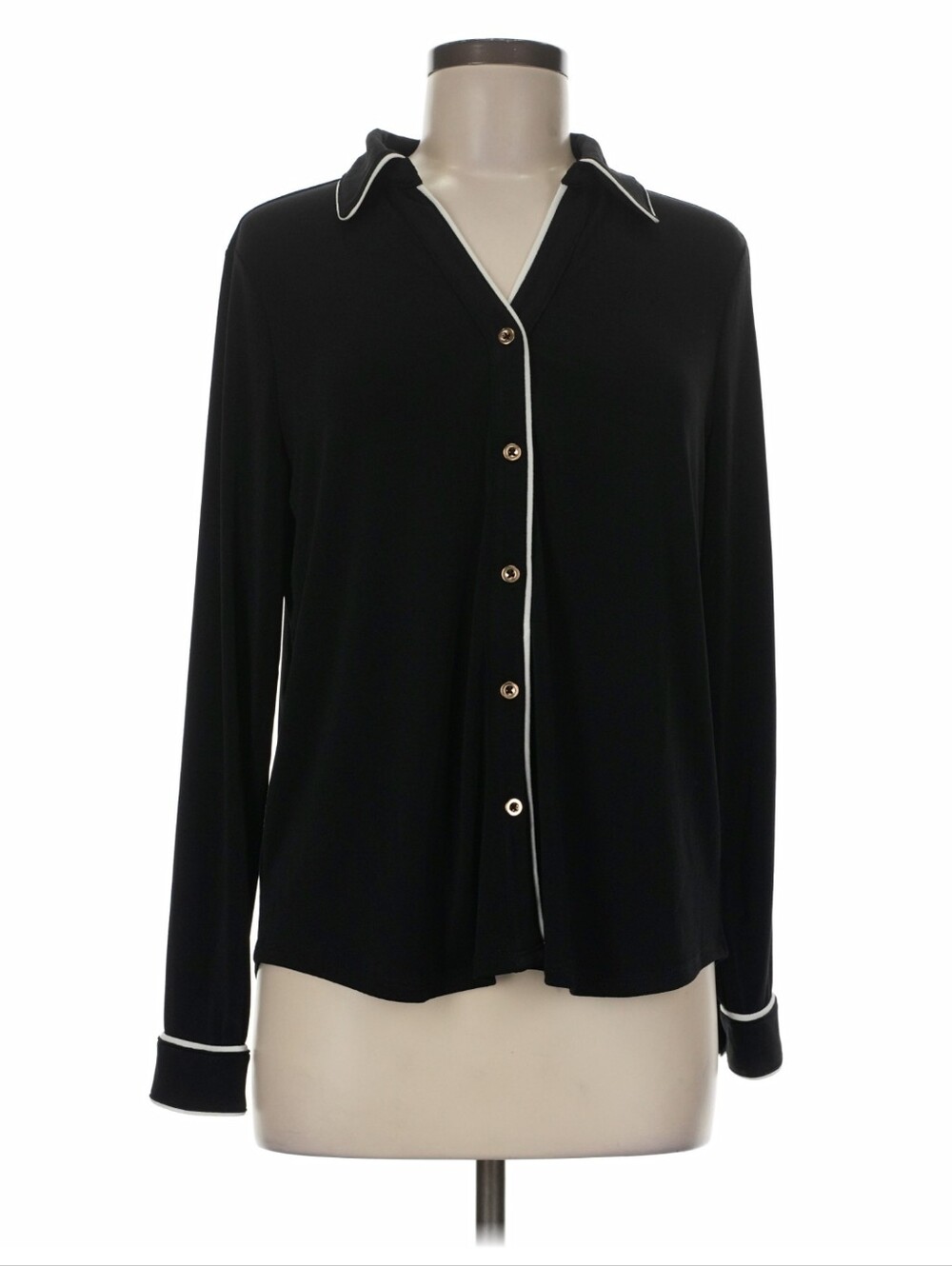 Adrianna Papell Black Button-Down Top with White Piping